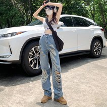 빈티지트임일자핏데님펜츠 찢어진 청바지 여성 여름 얇은 2023 하이 웨이스트 와이드 레그 찢청