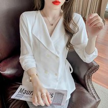 SJW 봄가을 남방 셔츠 무지 카라 더블버튼 스트링 슬림핏 빅사이즈 여성상의 4컬러 S~3XL