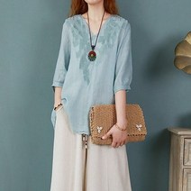 에블바잉 에블 대박걸 브이넥 독특한 자수 칠부 롱 미시 여름 여성 린넨 블라우스 5color