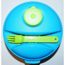Tupperware 샐러드 온 더 고 세트 런치 키퍼 6.25 컵 볼 포크 나이프 및 미젯 블루 그린