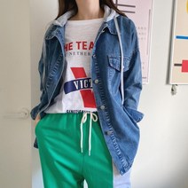 여자 후드 배색 루즈핏 빈티지 롱티 셔츠
