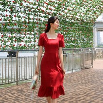 어바웃타임 레드 린넨 스퀘어넥 머메이드 프릴 장미 롱 원피스