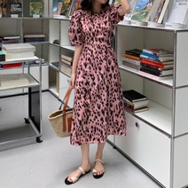플라이라벨F869 핑크 레오파드 프린트 여름 여성 리본 원피스 호피 롱원피스 스커트