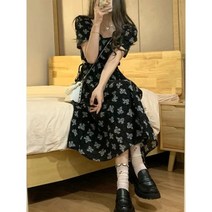 휴양지 비치 원피스 빈티지 블랙 스퀘어 칼라 퍼프 슬리브 프린트 쉬폰 미디 맥시 드레스 여성용 파티 한국 의류 여름