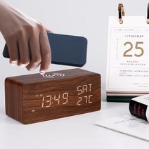 Frokom 우드 무선충전 데이트 LED 탁상시계 + USB아답터 무소음, 브라운