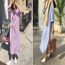 블레싱 여성 스트라이프 롱셔츠 루즈핏 원피스 오버핏