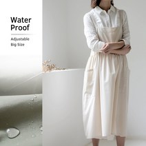 COLORLIFE 루즈핏 옆주머니 방수 리넨 앞치마, 화이트
