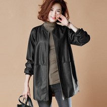 O넥 긴 소매 캐주얼 인조 가죽 코트 주머니가 있는 기본 여성 재킷