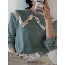 포인트 빅 레이스 카라 맨투맨 티셔츠 루즈핏 오버핏 빅사이즈 퍼플 아이보리 그린 블랙