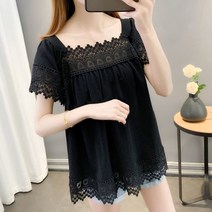 여름 느슨한 반팔 컷 아웃 레이스 셔츠 쉬폰 반팔 티셔츠