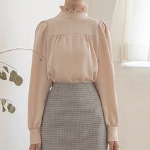 러플 하이넥 소매 셔링 뒷넥 리본 블라우스 자체제작