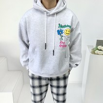 남자 오버핏 플라워 스마일 컬러 낙서 레터링 프린팅 패치 겨울 따뜻한 본딩 기모 후드티