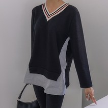 로로텐 스트라이프 배색 골지 티셔츠 긴팔 브이넥 여성 빅사이즈