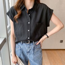WZC 여성 카라 반팔 셔츠 남방 무지 루즈핏 롤업 투포켓 블라우스 상의 봄 여름 빅사이즈 4컬러