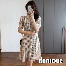 [바니드] 여성 러블리 물방울 도트무늬 V넥 슬림라인 반팔 땡땡이 원피스 1014