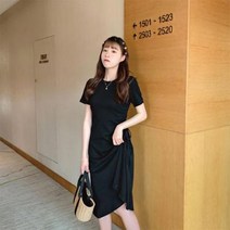 바보사랑 여자 데일리 옆셔링 리본 무지반팔 플레어 미디원피스.옷자락(무료배송)