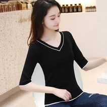 언발 여름반팔니트 오픈숄더 브이넥 여성 반팔 니트 쿨 전문 칠부 노란 슬림 꽈베기 아가일