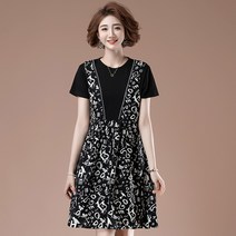가반팔티 구월맥묵 빅사이즈 여성의류 페이크투피스 멜빵 원피스 유럽 화물 슬림핏 티셔츠 플라워 2332652733