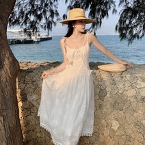 러블리 레이스 자수 끈 나시 원피스 해변 드레스 바캉스 휴양지룩 해외여행 패션 체형커버