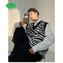 SHENGBO지브라 니트 오버핏 봄 가을 레이어드 남녀공용 조끼