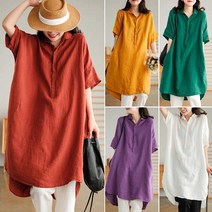 tagi 빅사이즈 여자 린넨 셔츠 원피스 칼라넥 면마 반팔 스커트