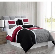 Chezmoi Collection Bernard 7피스 풀 베드 인 어 백 이불 세트 시트 포함 - 경량 블루 블랙 그레이 패치워크 퀼트 메달리온 침구 사계절용 320048, Red/Gray/Black_Queen