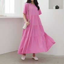옷자락 [옷자락] 여성 비비드 더블 캉캉 오버핏 라운드 반팔 롱원피스