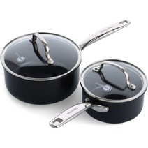 GreenPan 채텀 블랙 프라임 미드나잇 하드 아노다이즈드 건강한 세라믹 논스틱 뚜껑이 있는 1QT 및 2QT 냄비 세트 PFAS 없음 식기세척기 안전 오븐 안전 블랙, 뚜껑이 있는 1QT 2QT 냄비