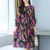 잇츠스타일 여성 라운드넥 화려한 꽃무늬 슬림 간절기 중년 긴팔 가을 쉬폰 미디원피스