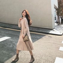 터들넥 니트 주름 원피스 복고풍 롱 여자 가을 겨울 20대 데이트룩 캠퍼스 오피스룩