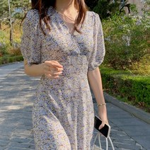 BLANC# 플라워 퍼프 브이넥 롱 원피스