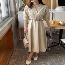 여자 가을 카라넥 반팔 벨티드 벨트 셔츠 롱 원피스