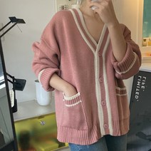 뜨개진 여성용 루즈핏 포켓 배색 브이 바실 가디건