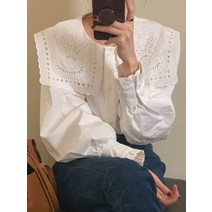 네이비 칼라 할로우 아웃 자수 화이트 블라우스 여성용 패션 싱글 브레스트 버튼 업 탑 셔츠 사무실
