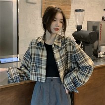 캐쥬얼 외 와이셔츠 작은 키 긴 소매 디자인감각 슬림핏 숏 체크남방 여성아우터