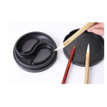 벼루 서예 중국 잉크 풀 9.5x2.2cm에 커버 늑골이있는 벼룩이있는 1pcs 플라스틱 원형