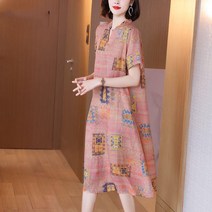 엔티랄라 여름 여성 원피스 하프 기장 브이넥 반팔 폴리 원단 플라워 디자인 루즈한 보기 좋은 얇은 편안한 캐주얼한 고급의