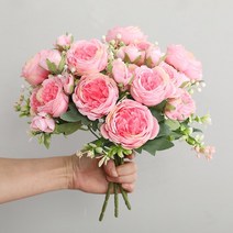 프로포즈꽃장식 리마인드웨딩 세미 스몰 셀프웨딩 스냅사진 30cm 장미 핑크 실크 꽃다발 모란 조화 봉오리 신부 홈, b5