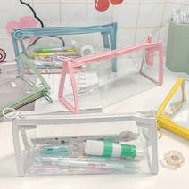 디엠몰 1+1 컬러테두리 투명 클리어 슬림 필통 연필 볼펜 케이스 학생필통 파우치, 핑크