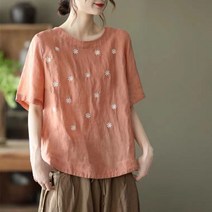여성 린넨 반팔 티셔츠 자수 무지 빅사이즈 오버핏 5부 캐주얼 봄 여름 여자 면마 반팔티 데일리 상의 면마티셔츠 여성의류 linen t shirt women JX0672