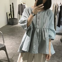 UUJULY 여성 린넨 셔츠 블라우스 상의 단색 탑 라운드넥