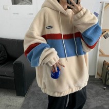 남성 후리스 기모 양털 플리스 후드 패션 까마귀 일본과 스타일 패치 워크 스트라이프 스웨터 루스 코트 캐주얼 탑 풀오버 ins