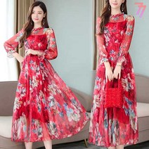 77우먼스 여성 더플라워원피스 빅사이즈 롱원피스 쉬폰 살랑 꽃무늬 플라워 패턴 청순 우아 더플라워 원피스 이월 이월상품 [리현커머스]
