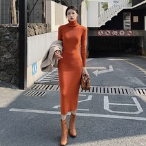 여성 맥시 니트 원피스 드레스 가 겨울 엑스트라 롱 하이 칼라 슬림 피트 코