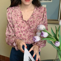 데이홀릭 여성용 봄 가을 플라워 패턴 러블리 로즈 프릴 다트 긴팔 여성 블라우스