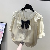 여름 레이스 나비넥타이 페플럼 반소매 블라우스 여성 상의 디자인감각 보이핏 볼륨 와이드 루즈핏 뱃살가리기 반팔셔츠