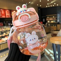 카와이 곰 물병 대용량 빨대 컵 주스 우유 마시는 병 3d 스티커 여자 아이 학생 누수 방지, 1.3리터, 분홍색