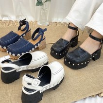 어글리 통굽 하이힐 데이지 스터드 플라워 슬링백 샌들 블랙 화이트 데님 7cm