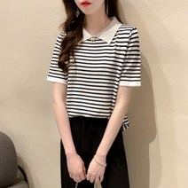 날달여 여성 봄 여름 가을 빅카라 스트라이프 반팔 블라우스 티셔츠