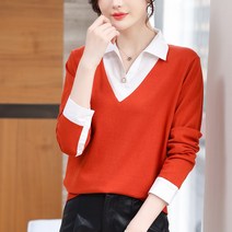 카라넥 셔츠칼라 스웨터 페이크투피스 상의 핫한 2022 년 봄옷 스타일리쉬 긴소매 이너 쇼트 여자 3955209446